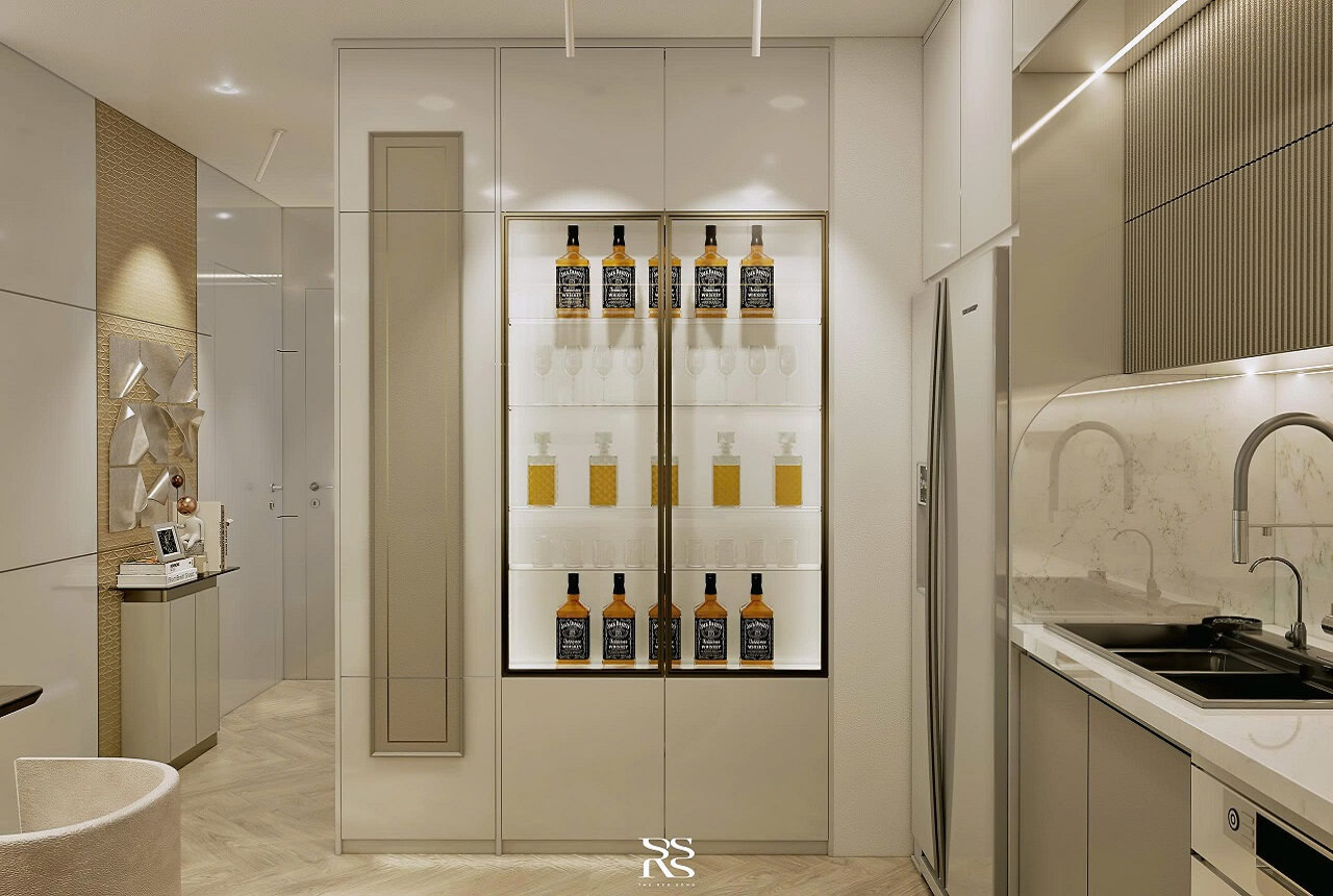 Tủ rượu và khu bếp tông màu champagne