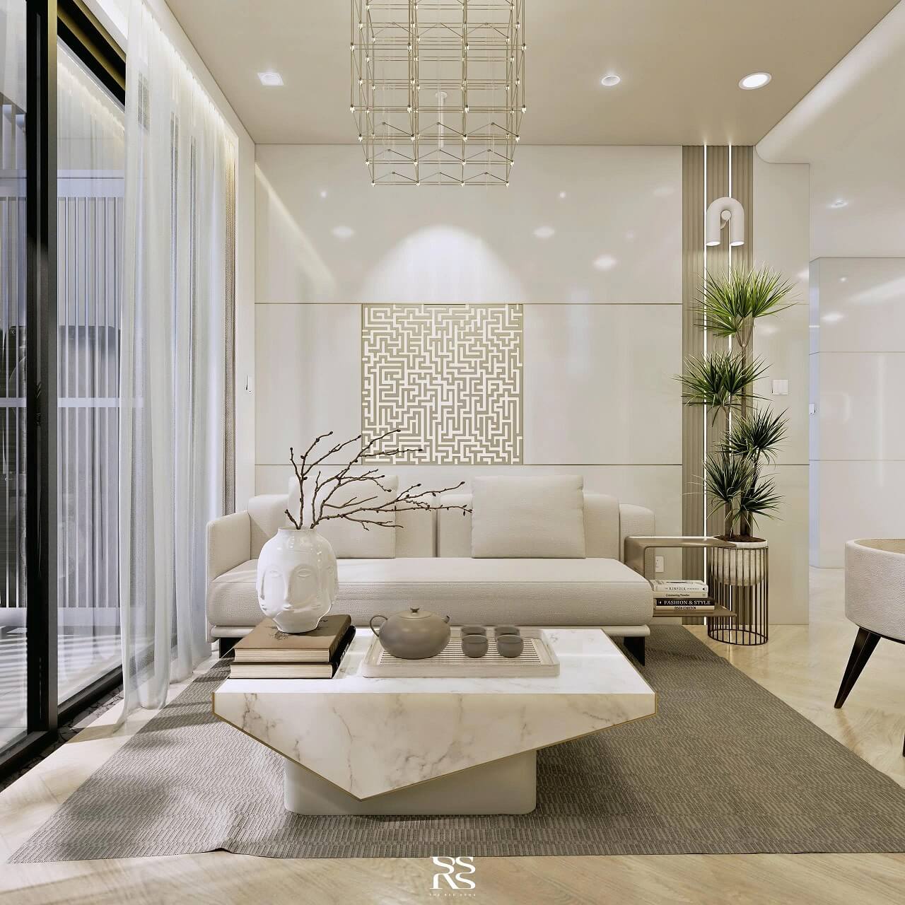 Phòng khách căn hộ 2 phòng ngủ Victoria Village tông kem vàng nhạt