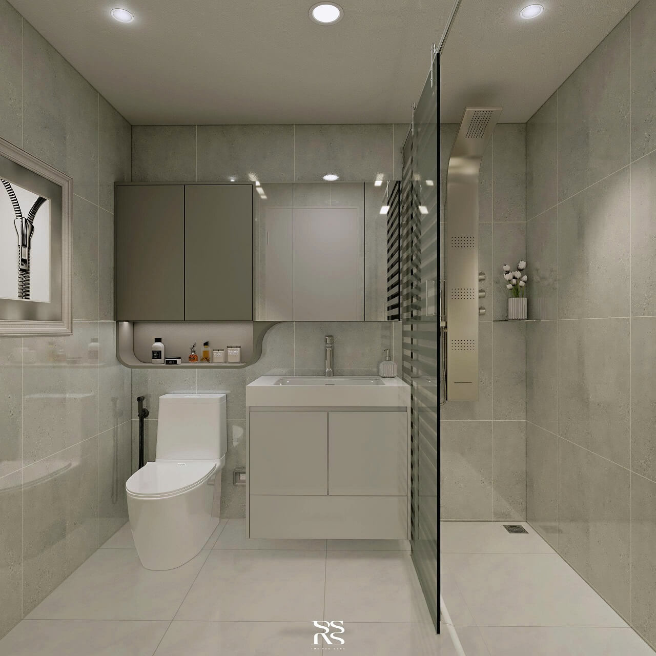 Phòng tắm master căn hộ Victoria Village vật liệu đá sáng