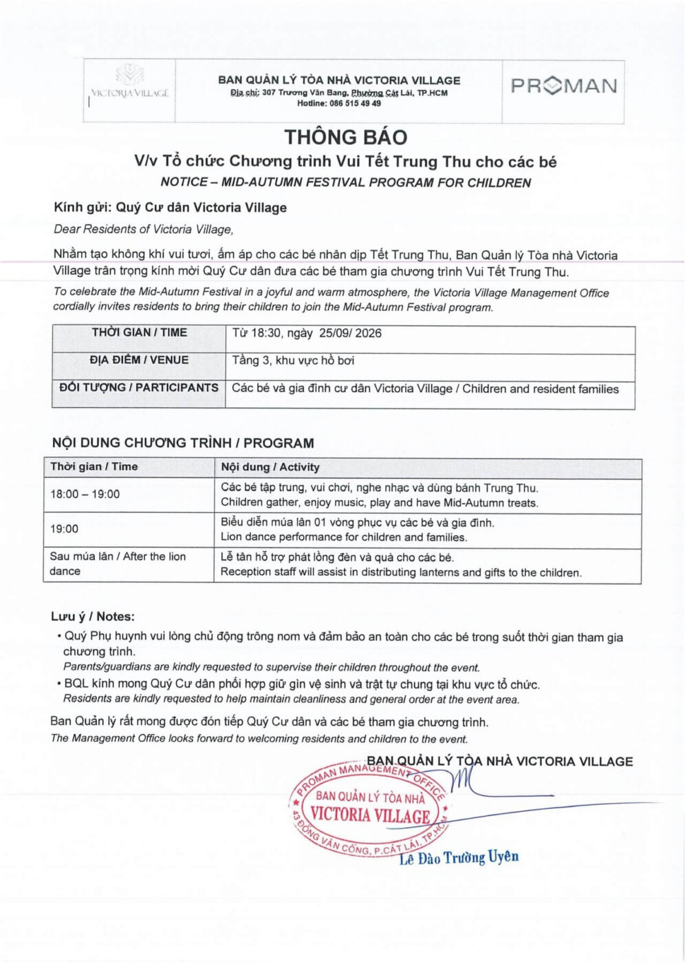 Thông Báo Vui Tết Trung Thu 2026 cho bé tại Victoria Village